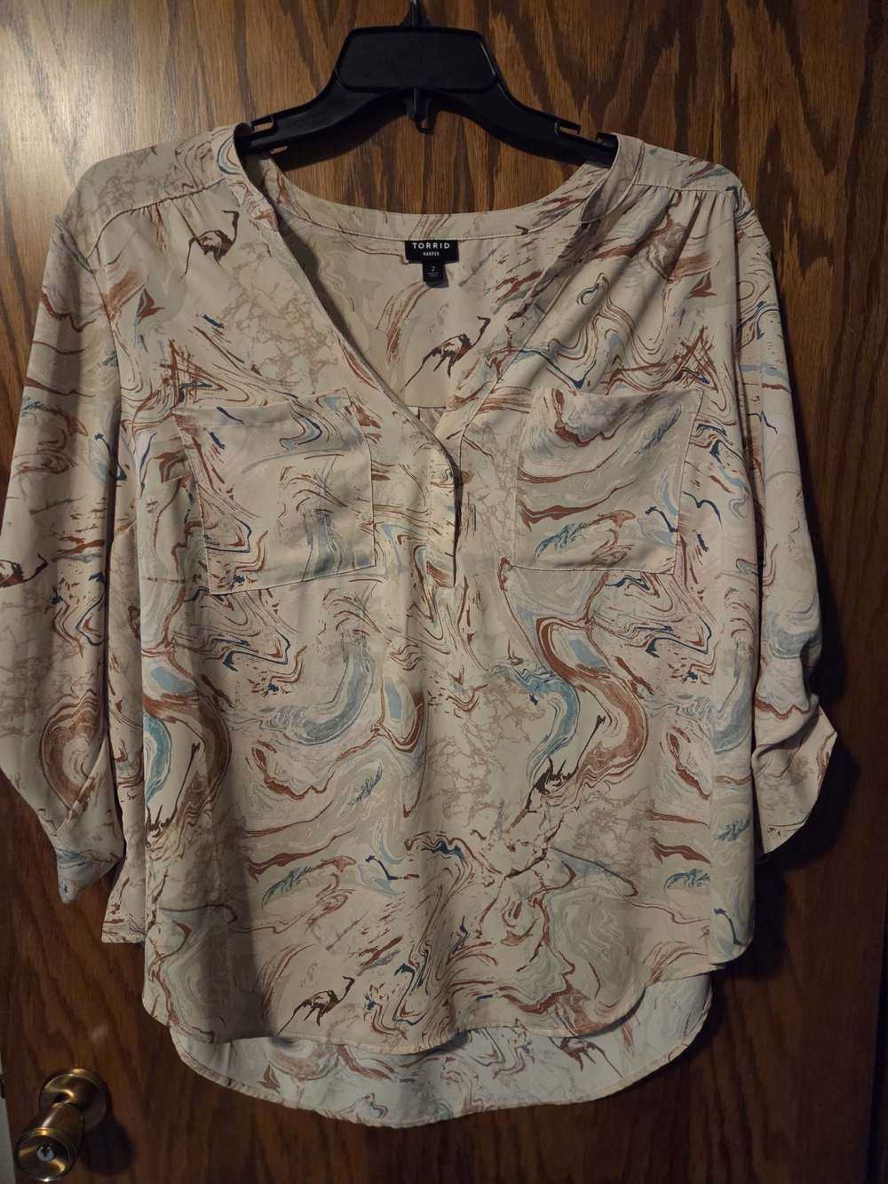 torrid Cream Marble-Print V-Neck Blouse with Blue & Brown Accents